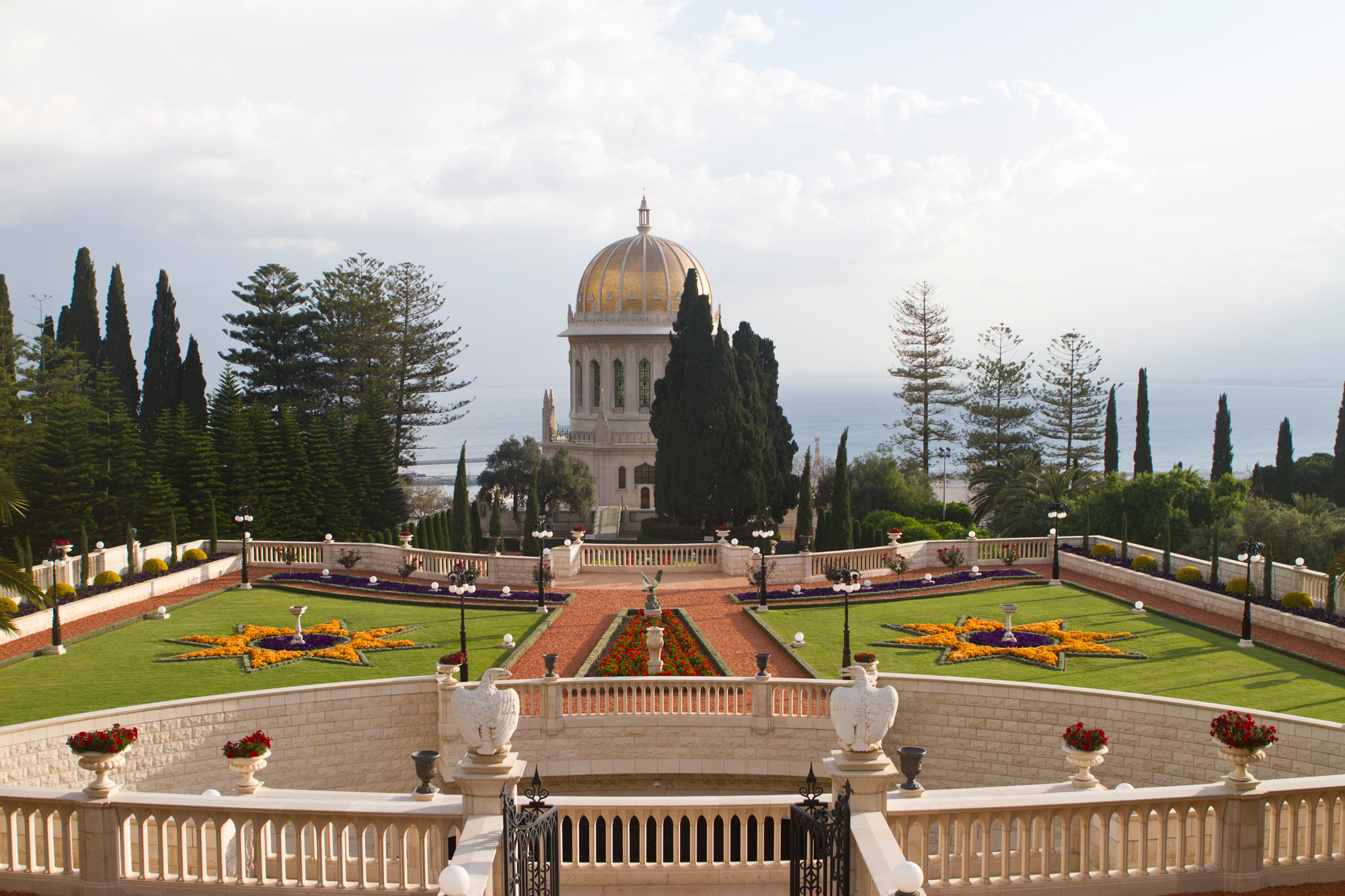 The Shrine of the Bab as seen from its southern terraced gardens, early in the morning of Tuesday 12 April 2011, shortly after its unveiling after two years of restoration and conservation work. Photo credit: Baha’i World Centre photo. All rights reserved.