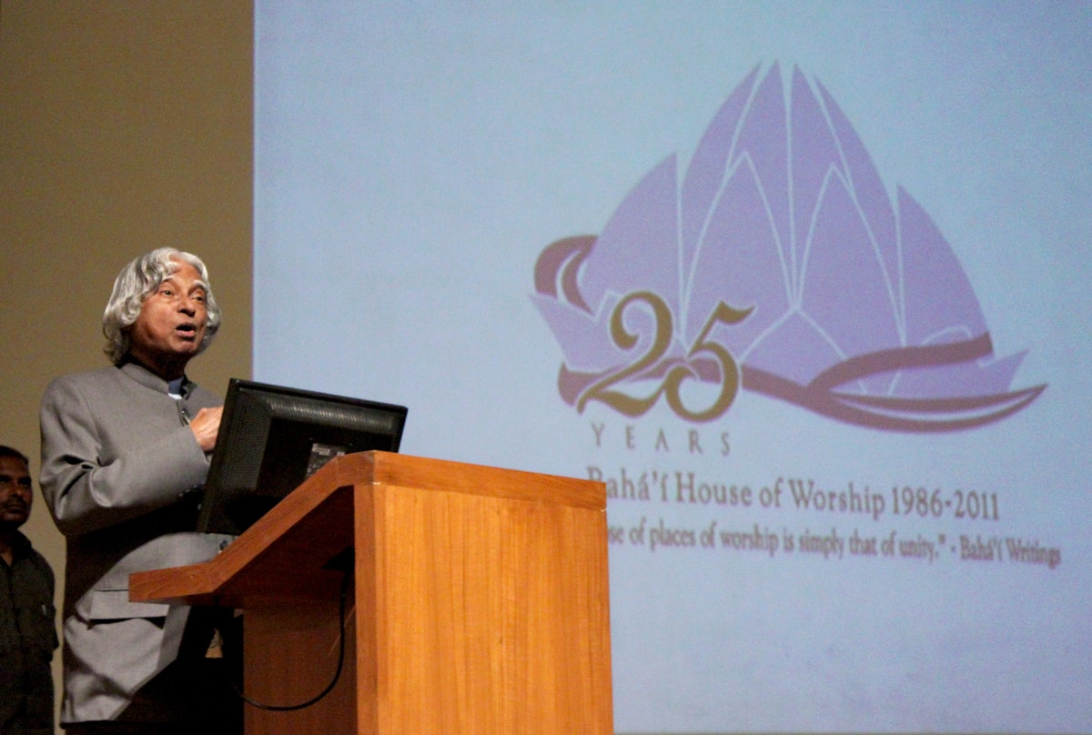 Former President of India Dr. A.P.J. Kalam addressing a gathering marking the inauguration of the 25th anniversary year of the Baha'i House of Worship in New Delhi. Dr. Kalam described the House of Worship as "a temple of peace, a temple of happiness and a temple of spirituality."