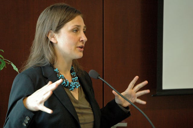 Vanessa Timmer – co-founder and executive director of the One Earth Initiative, "Rethinking the Good Life" – speaks at a panel discussion, held at the New York offices of the Baha'i International Community on 11 May as part of the 19th UN Commission on Sustainable Development. The panel brought together specialists from four continents with experience in assessing and promoting the underlying values that could help ensure humanity's long term survival.