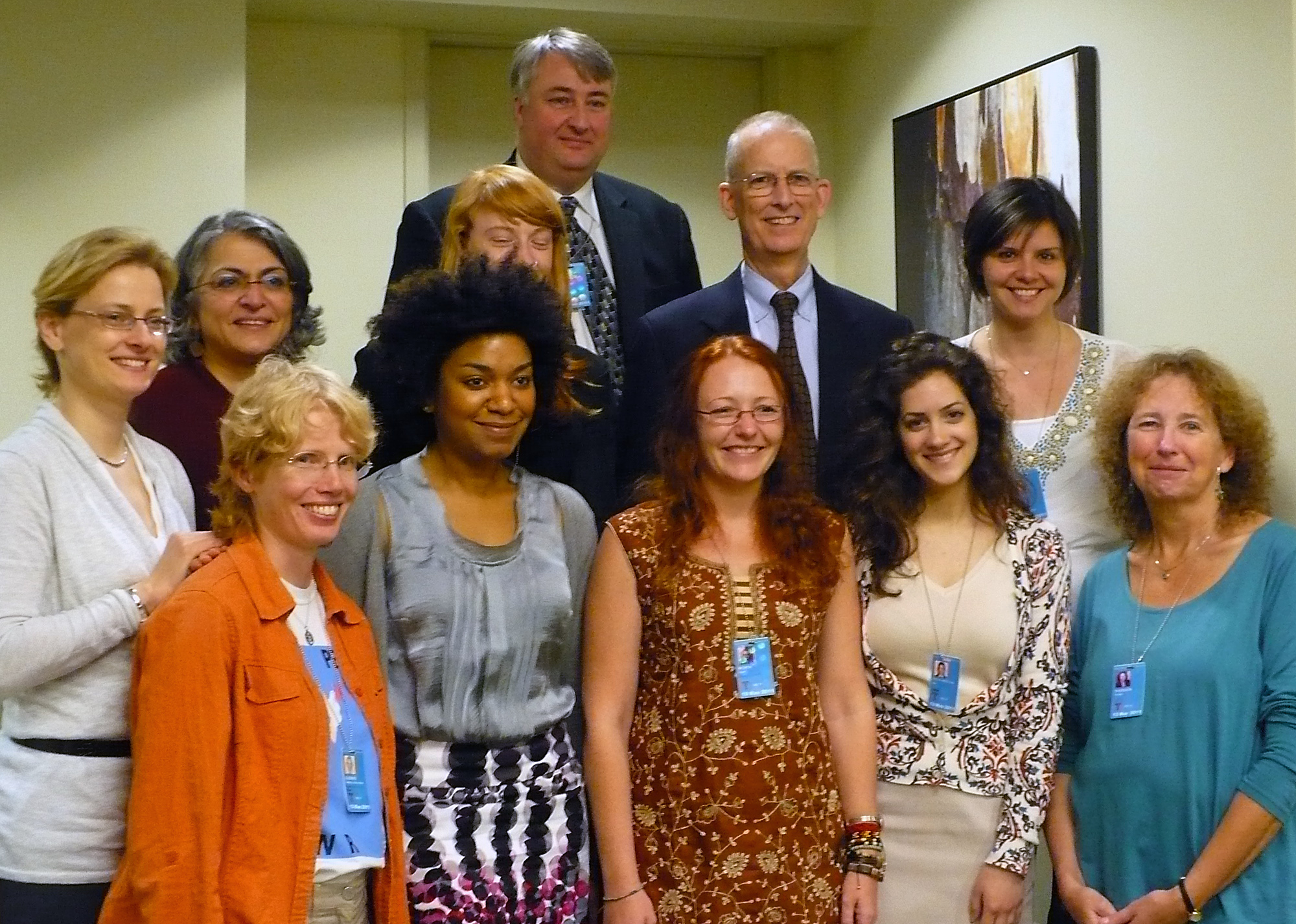The Baha'i International Community (BIC) delegation to the 19th UN Commission on Sustainable Development, held in New York from 2–13 May 2011. Back row, from left to right: Julia Berger, BIC; Taraneh Ashraf, BIC; Nadia O'Mara, Ireland; Duncan Hanks, Canada; Peter Adriance, USA; Daniella Hiche, Brazil. Front row, left to right: Ineke Gijsbers, UK; May Akale, Cameroon; Kiara Worth, Papua New Guinea; Nur Shodjai, Canada; Victoria Thoresen, Norway.
