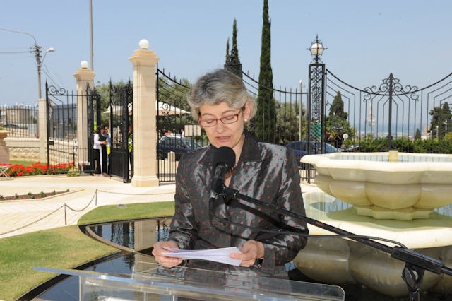 Irina Bokova, Director General of UNESCO, addressing a ceremony held at the entrance plaza to the Baha'i gardens in Haifa, on 29 May 2011. The reception marked the inauguration of the UNESCO for Tolerance and Peace Square, immediately in front of the gardens, at the top of Haifa's historic German Templer colony. "If wars start in the minds of men; it is in the minds of men that the defences of peace must be constructed," said Ms. Bokova, citing the UNESCO manifesto.