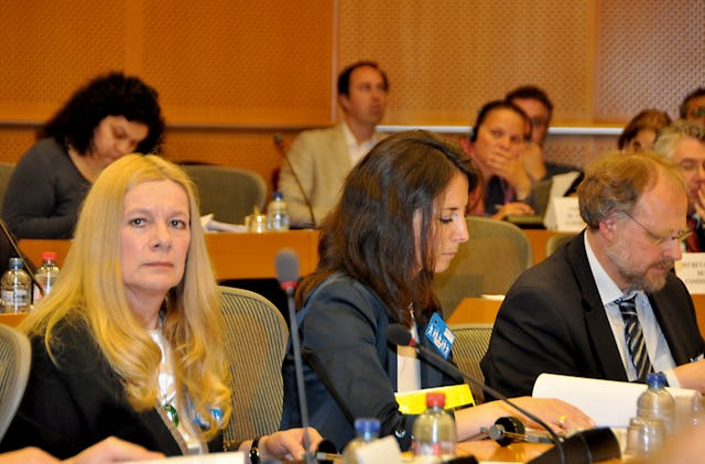 A hearing held before the European Parliament's Subcommittee on Human Rights, on 26 May 2011, included presentations from: (left to right) Penelope Faulkner – a member of the European Platform on Religious Discrimination and Intolerance (EPRID); Sarah Vader – representative of the Baha'i International Community to the European Union; and Heiner Bielefeldt – United Nations Special Rapporteur on freedom of religion or belief.
