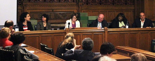 A panel discussion held at the United Kingdom's Houses of Parliament on 15 June featured contributions from: (left to right) Nazila Ghanea, University of Oxford lecturer and editor of the "Journal of Religion & Human Rights"; Shadi Sadr, women's rights activist and lawyer; Louise Ellman MP, who chaired the panel; Mike Gapes MP; Khataza Gondwe of Christian Solidarity Worldwide, an advocacy group for the freedom of religious belief; and Omid Djalili, actor and comedian.
