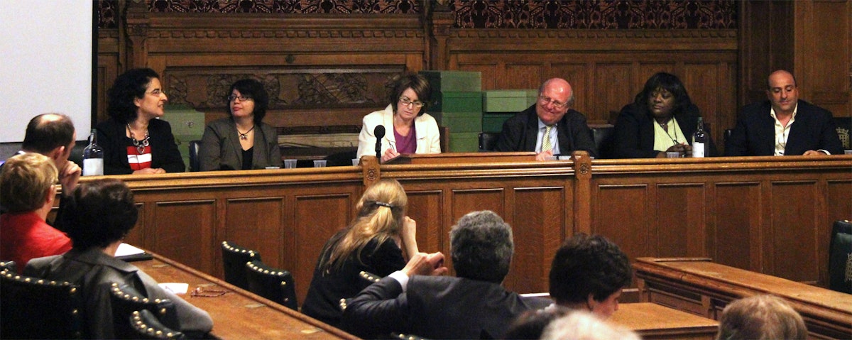 A panel discussion held at the United Kingdom's Houses of Parliament on 15 June featured contributions from: (left to right) Nazila Ghanea, University of Oxford lecturer and editor of the "Journal of Religion & Human Rights"; Shadi Sadr, women's rights activist and lawyer; Louise Ellman MP, who chaired the panel; Mike Gapes MP; Khataza Gondwe of Christian Solidarity Worldwide, an advocacy group for the freedom of religious belief; and Omid Djalili, actor and comedian.