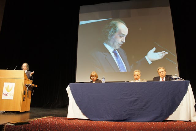 Mohamad Tavakoli – a professor of history and Near and Middle Eastern Civilizations – delivers the opening address at the conference on "Intellectual Othering and the Baha'i Question in Iran," which commenced at the University of Toronto on Friday, 1 July. Seated on the panel are, from left to right, Linda Northrup, University of Toronto; Ahmad Karimi-Hakkak, University of Maryland; and Abbas Amanat, Yale University.