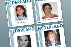 تمبرهای پستی در هلند با تصویر قربانیان نقض حقوق بشر در ایران. آنها از چپ به راست، عبارتند از، بالا، مهوش ثابت، یکی از هفت رهبر بهائی ایران که اکنون در حال گذراندن محکومیت ۲۰ سالۀ خود در زندان اوین تهران هستند؛ نسرین ستوده، وکیل حقوق بشر که در حال گذراندن حکم ۱۱ سالۀ زندان خود است؛ پایین، منصور اسانلو، رهبر سندیکای کارگران حمل و نقل که از سال ۲۰۰۷ زندانی است؛ و سیمین بهبهانی، شاعر و فمنیست نامدار ایرانی که از خروج از کشور محروم شده است.