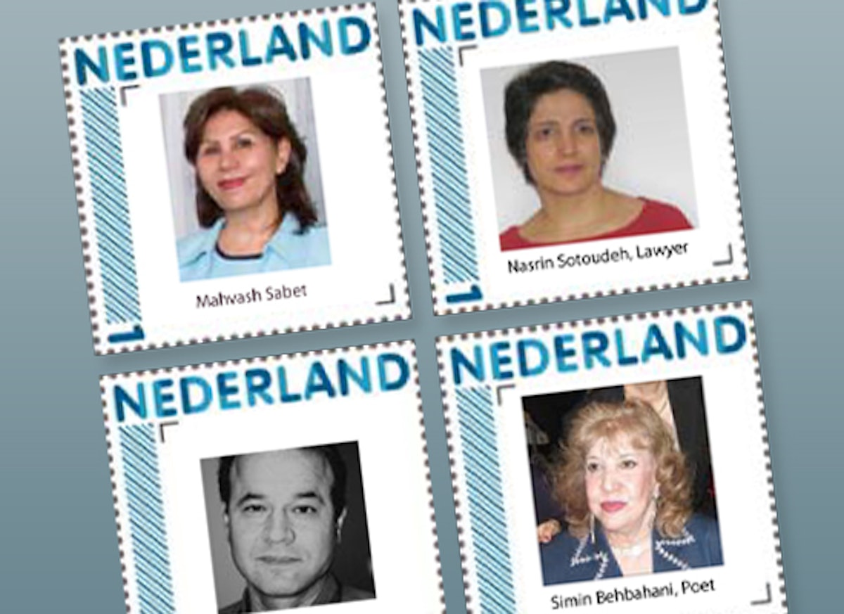 Postage stamps in the Netherlands depict victims of human rights abuses in Iran. They are, clockwise from top left, Mahvash Sabet, one of Iran's seven Baha'i leaders currently serving a 20-year prison sentence in Tehran's Evin Prison; human rights lawyer Nasrin Sotoudeh, serving an 11-year prison sentence; the prominent Iranian poet and feminist Simin Behbahani, who is barred from leaving the country; and transport workers' union leader, Mansour Osanlou, jailed since 2007.