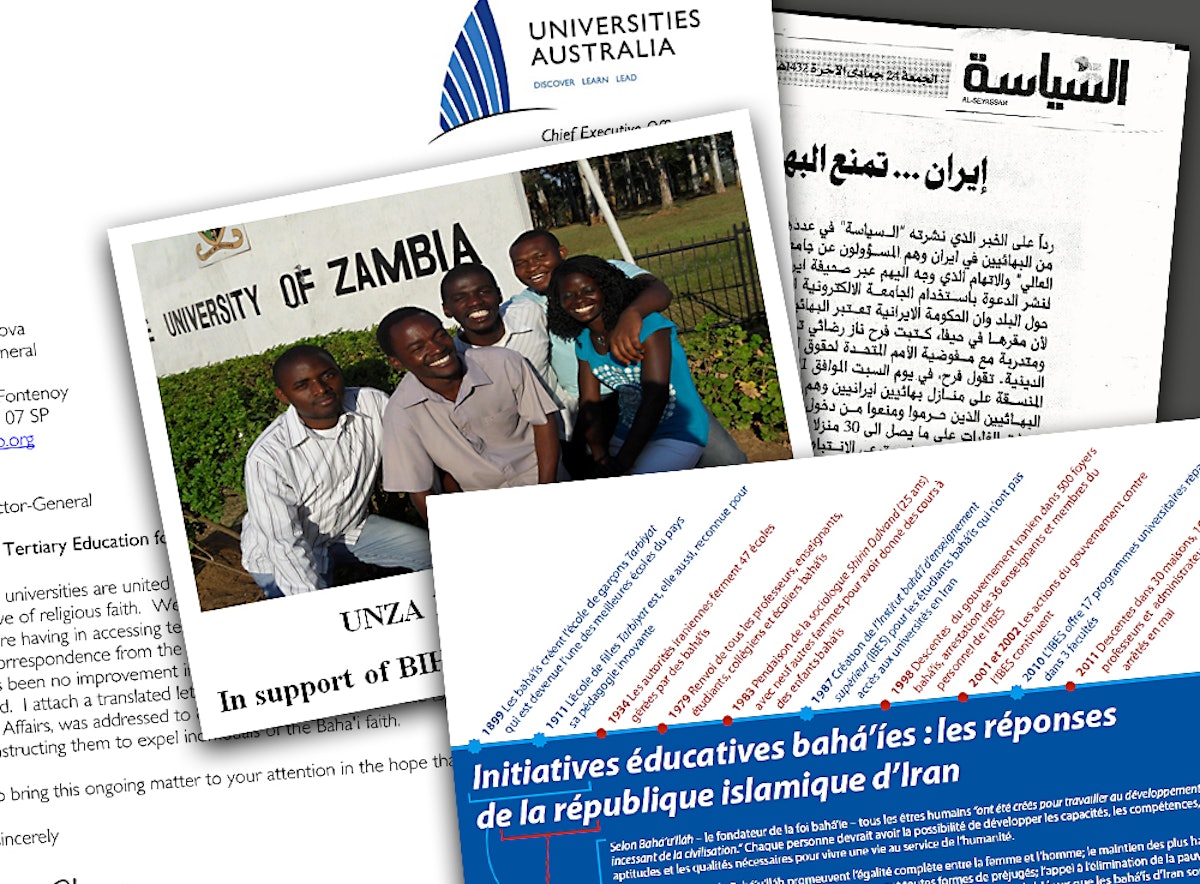 The international response to the latest attack on the Baha'i Institute for Higher Education encompasses activities as wide-ranging as a student campaign at the University of Zambia, a call to UNESCO from the body that represents all 39 universities in Australia, an article in a Kuwaiti newspaper, and a French postcard initiative. Eleven detained Baha'is associated with the Institute are reportedly facing charges of "conspiracy against national security" and "conspiracy against the Islamic Republic of Iran"