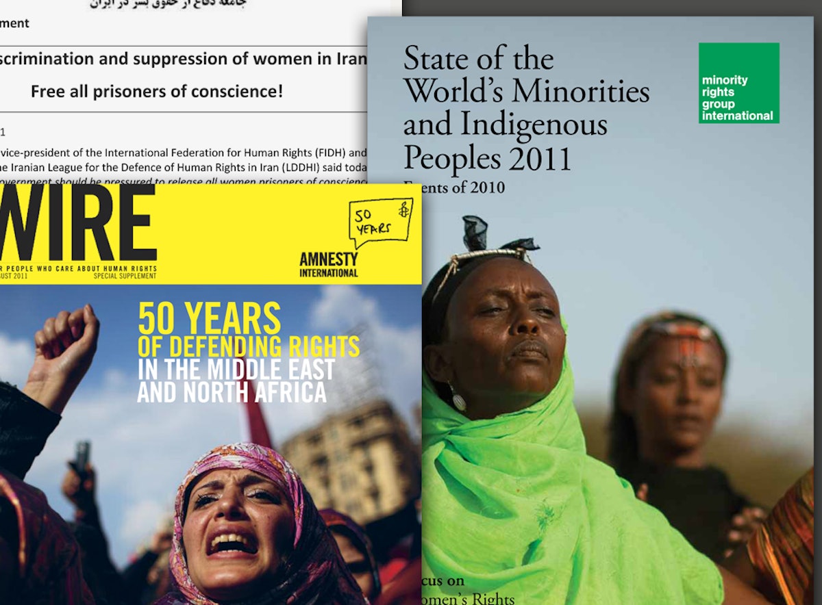 Three recent reports published by major human rights organizations that highlight Iran's treatment of its Baha'i citizens. The reports have been issued by the International Federation for Human Rights (top left), Amnesty International (bottom left) and Minority Rights Group International (right).