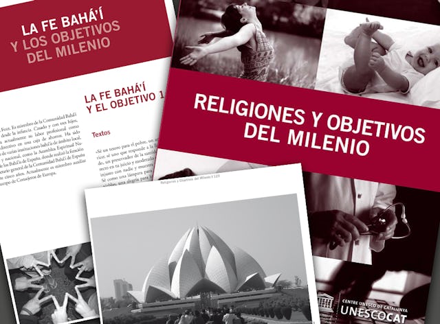 کتاب «Religiones y Objetivos del Milenio» (ادیان و اهداف هزاره)، تهیه شده با شرکت ۹ جامعۀ دینی، شامل مقاله ای ۱۵ صفحه ای است که رویکردهای بهائی را نسبت به اهداف توسعۀ هزاره پوشش می دهد. کتاب برای اولین بار در سال ۲۰۰۹ به زبان کاتالان منتشر شد و اکنون با حمایت بنیاد پلورالیسم و هم زیستی توسط مرکز یونسکوی کاتالونیا به زبان اسپانیولی به چاپ رسیده است.