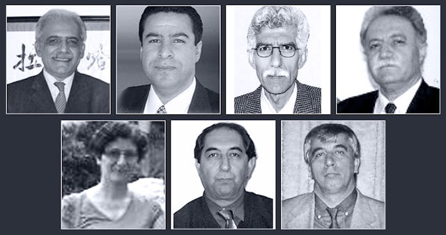 Seven Baha'i educators who are being held in prison in connection with their involvement in an informal community program to provide higher education for young Baha'is. They are (top row, left to right): Mahmoud Badavam, Ramin Zibaie, Riaz Sobhani, Farhad Sedghi; (bottom row, left to right) Noushin Khadem, Kamran Mortezaie, and Vahid Mahmoudi.