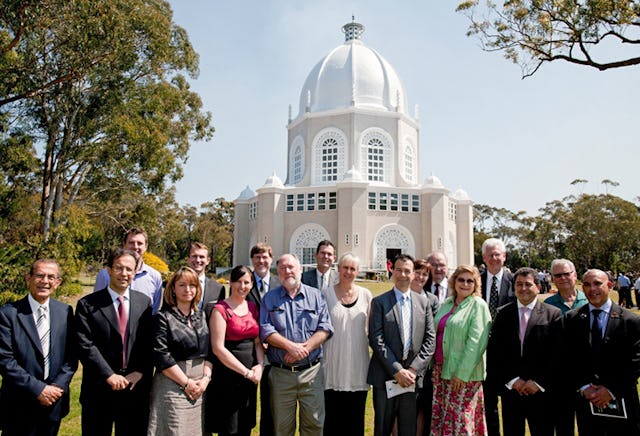 Civic dignitaries and guests gather in front of the Baha'i House of Worship in Sydney, Australia, ahead of a reception and service on 18 September 2011, marking the temple's fiftieth anniversary.