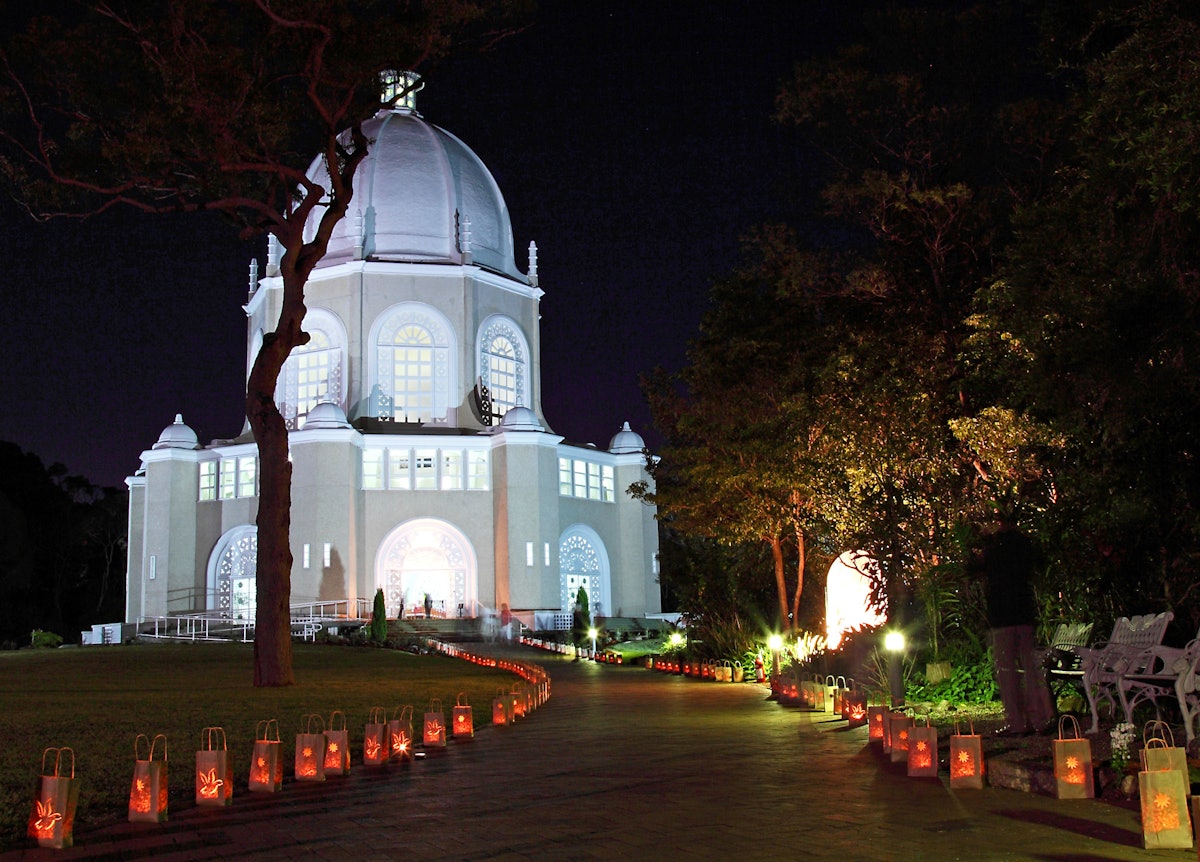 The Baha'i House of Worship in Sydney, Australia, specially illuminated for an interfaith prayer ceremony on Wednesday 21 September 2011 to mark the United Nations International Day of Peace. The service was part of a week of celebrations marking the fiftieth anniversary of the temple.