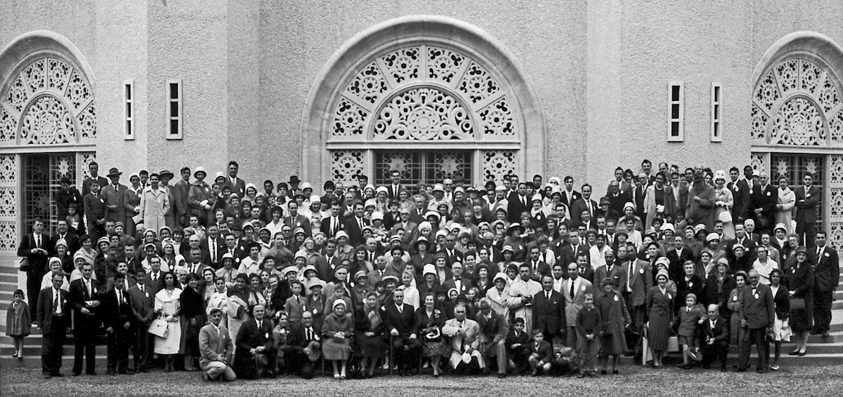 An historic photograph shows guests gathered on the steps of the Baha'i House of Worship in Sydney, Australia, on the day of its dedication, 16 September 1961.