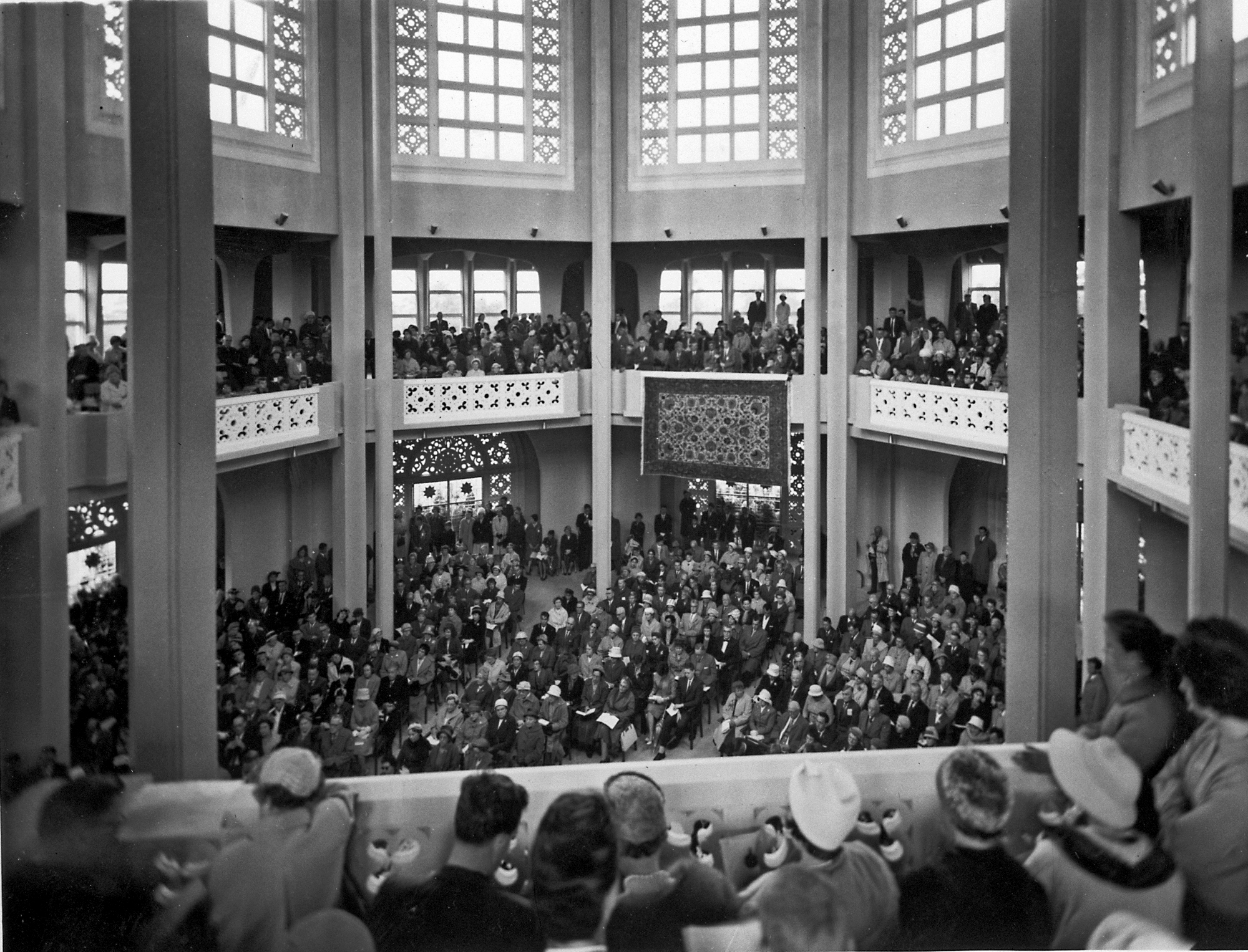Visitors gathered inside the Baha'i House of Worship in Sydney, Australia, for its inauguration on 16 September 1961. Among the attendees was "Uncle" Fred Murray, the first Australian Aboriginal Baha'i. "I joined the Faith two months ago and when I saw the temple, the tears came to my eyes," said Mr. Murray.
