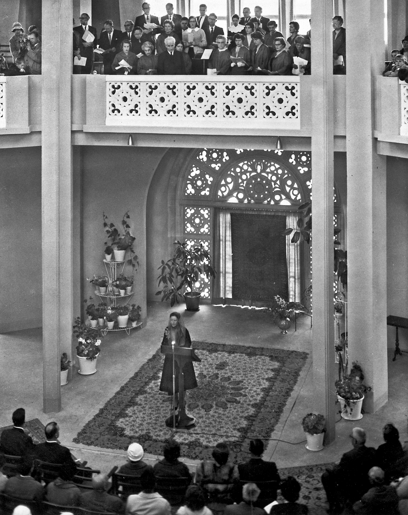 Madame Ruhiyyih Rabbani, widow of the Guardian of the Baha'i Faith, presided over the inaugural events at the Baha'i House of Worship in Sydney, Australia, September 1961. "Its doors are open to the peoples of all creeds, all races, all nations and all classes," she told those gathered at the first public services. "It is the hope of the Baha'is that everyone will feel free to come and pray in this temple and share with us in its services of praise to the God we all love..."