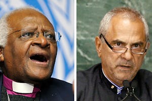 دو برندۀ جایزۀ صلح نوبل – دزموند توتو، اسقف سابق کلیسای انگلیکان کیپ تاون، و خوزه راموس هورتا، رئیس جمهور تیمور شرقی – که به اعتراض جهانی نسبت به آزار مدرسان بهائی در ایران پیوسته اند. (عکس ها: چپ، مجموعۂ سازمان ملل/ژان مارک فره؛ راست، مجموعۂ سازمان ملل/کی چونگ)