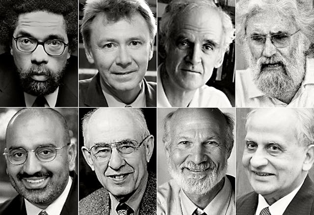 43 distinguished philosophers and theologians have signed an open letter protesting against Iran's persecution of Baha'i educators and students. Among them are such prominent figures as: (top row, left to right) Cornel West, Princeton, U.S.A.; Graham Ward, Oxford, U.K.; Charles Taylor, McGill, Canada; Leonardo Boff, Rio de Janeiro, Brazil; (bottom row, left to right) Ebrahim Moosa, Duke, U.S.A.; Hilary Putnam, Harvard, U.S.A.; Stanley Hauerwas, Duke, U.S.A.; and Tahir Mahmood, former member, Law Commission, India.
