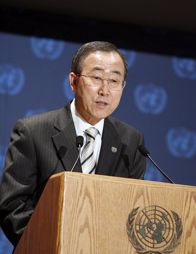 United Nations Secretary General Ban Ki-Moon. In his fourth annual report on the situation of human rights in the Islamic Republic of Iran, Mr. Ban said he was "deeply troubled" at recent developments in Iran and registered "serious concern" at the restrictions on unrecognized religious minorities, particularly the Baha'i community. UN Photo/Mark Garten.