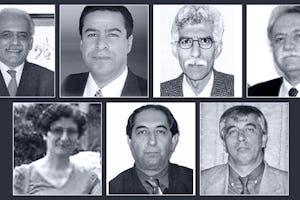 هفت مدرّس بهائی محکوم به زندان عبارتند از (ردیف بالا، چپ به راست): محمود بادوام، رامین زیبایی، ریاض سبحانی، فرهاد صدقی؛ (ردیف پایین، چپ به راست) نوشین خادم، کامران مرتضایی و وحید محمودی.