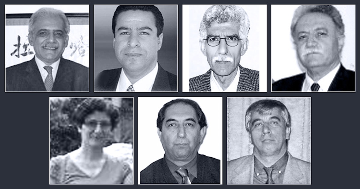 The seven Baha'i educators sentenced to prison are (top row, left to right): Mahmoud Badavam, Ramin Zibaie, Riaz Sobhani, Farhad Sedghi; (bottom row, left to right) Noushin Khadem, Kamran Mortezaie, and Vahid Mahmoudi.