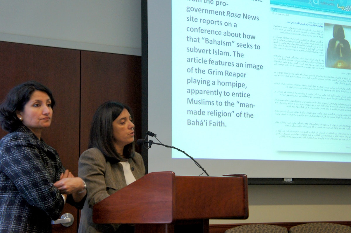 The report, "Inciting Hatred – Iran's Media Campaign to Demonize Baha'is," was launched on Friday 21 October at the New York offices of the Baha'i International Community (BIC). Pictured here are, left, Bani Dugal, the BIC's Principal Representative to the United Nations; and, right, Diane Ala'i, BIC Representative to the UN in Geneva. The report reflects the Iranian government's "irrational fear" and "great contempt" of its Baha'i community, said Ms. Ala'i.