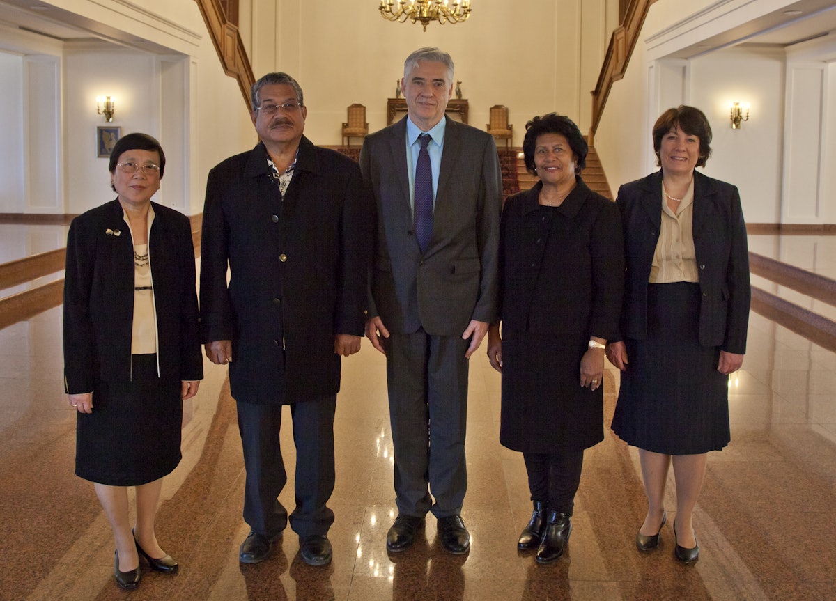 The president of the Republic of Palau made an official visit to the Baha'i World Centre on Friday 25 November. Pictured from left to right: Mrs. Zenaida Ramirez, member of the International Teaching Centre; President Johnson Toribiong of Palau; Mr. Stephen Hall, member of the Universal House of Justice; Mrs. Valeria Toribiong, first lady of Palau; Mrs. Dicy Hall.