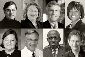 چند تن از ۴۸ رئیس و نایب رئیس ارشد دانشگاه های پزشکی آمریکا که نامۀ سرگشاده ای را امضا کرده اند که آزار دانشجویان و مدرّسان بهائی توسّط حکومت ایران را محکوم می کند. در تصویر می بینید (ردیف بالا از چپ به راست): د. کریگ بریتر - رئیس دانشکدۀ پزشکی دانشگاه ایندیانا؛ بتی م. دریز - رئیس، دانشگاه میزوری، کانزاس سیتی، دانشکدۀ پزشکی؛ فیلیپ پیزو - رئیس دانشکدۀ پزشکی دانشگاه استنفورد؛ والری مونتگومری رایس - نایب رئیس اجرایی و رئیس دانشکدۀ پزشکی مورهاوس؛ (ردیف پایین از چپ به راست): پاملا ب. دیویس - رئیس و نایب رئیس امور پزشکی، دانشگاه کیس وسترن ریزرو، دانشکدۀ پزشکی؛ جیمز وولیس کرافت - رئیس دانشکدۀ پزشکی دانشگاه میشیگان؛ مارک س. جانسون - رئیس دانشگاه هاوارد؛ و مارشا د. رپلی - رئیس دانشگاه ایالتی میشیگان، دانشکدۀ پزشکی انسانی.