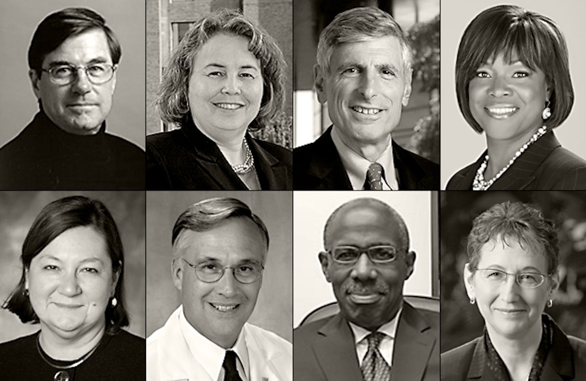 Some of the 48 Deans and Senior Vice-Presidents of American medical schools who have signed an open letter condemning the Iranian government's persecution of Baha'i students and educators. Pictured are, top row from left to right: D. Craig Brater, Betty M. Drees, Philip Pizzo, Valerie Montgomery Rice; Bottom row, from left to right: Pamela B. Davis, James Woolliscroft, Mark S. Johnson, and Marsha D. Rappley.