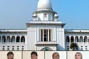 تعدادی از سخنرانان در کنفرانس مربوط به قوانین بهائی که در روز ۱۲ آذر (۳ دسامبر) در دیوان عالی بنگلادش برگزار شد. این سخنرانان از چپ به راست عبارتند از: دکتر میزانور رحمان، رئیس کمیسیون حقوق بشر بنگلادش؛ آقای اس. ان. گوسوامی، وکیل مدافع؛ قاضی دلوار حسین؛ و دکتر ژنا شهیدی، یکی از اعضای محفل روحانی ملّی بهائیان بنگلادش.