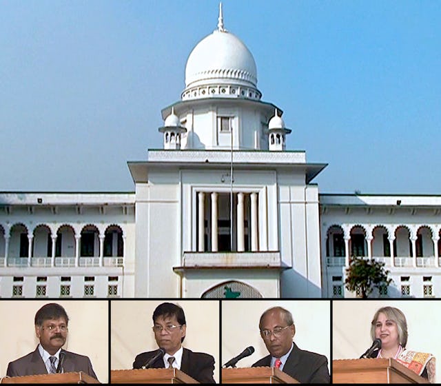 Some of the speakers who addressed the conference on Baha'i law held at Bangladesh's Supreme Court on 3 December. Pictured, from left to right, are: Dr. Mizanur Rahman, chairman of the Bangladesh Human Rights Commission; Mr. S.N. Goswami, advocate; Mr. Justice Delwar Hossain; and Dr. Jena Shahidi, a member of the National Spiritual Assembly of the Baha'is of Bangladesh.