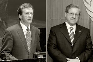 دو رئیس دانشگاه در کانادا که خواهان پایان دادن به آزار مدرّسان و دانشجویان بهائی در ایران هستند. الن راک، سمت چپ، رئیس دانشگاه اتاوا است. لوید اکسورثی، سمت راست، رئیس دانشگاه وینیپگ است. عکس های سازمان ملل از مارک گارتن و اوان اشنایدر.