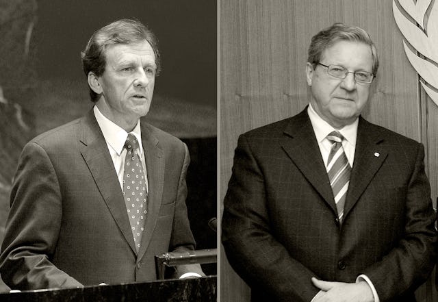 The two Canadian university presidents who are calling for an end to Iran's persecution of Baha'i educators and students. Allan Rock, left, is president of the University of Ottawa; Lloyd Axworthy, right, is president of the University of Winnipeg. UN photos by Mark Garten and Evan Schneider.