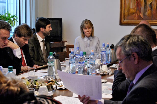 Members of the Slovak Republic's Foreign Affairs Committee studied the situation of the Baha'is of Iran at a hearing on 7 December 2011. Addressing the Committee, pictured center, is Andrea Polokova, a representative of the Baha'i community of Slovakia.