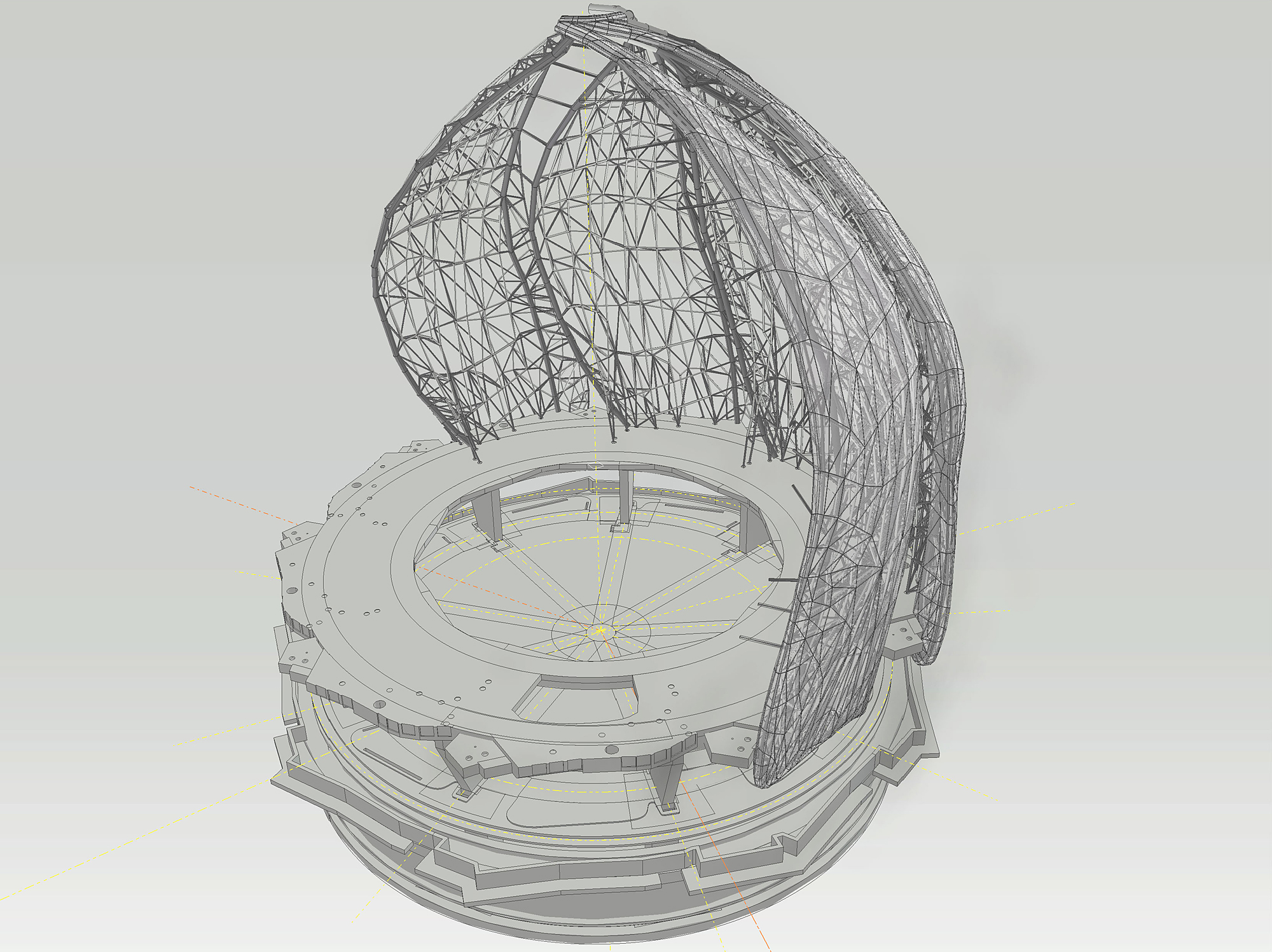 A computer-generated model of the Baha'i House of Worship, under construction in Santiago, Chile, showing the building's concrete and steel superstructure. Image © Hariri Pontarini Architects.
