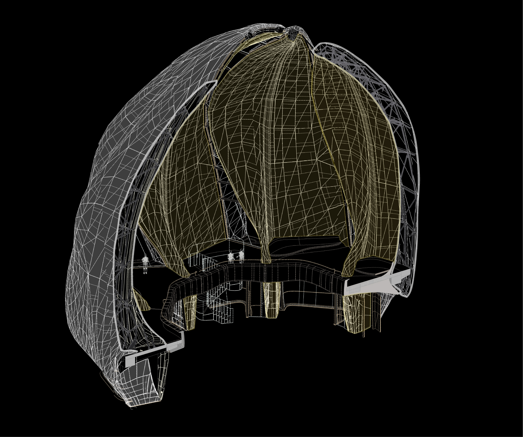 A computer-generated sectional view of the Baha'i House of Worship, under construction in Santiago, Chile, showing the relationship between the building's superstructure and cladding. Image © Hariri Pontarini Architects.