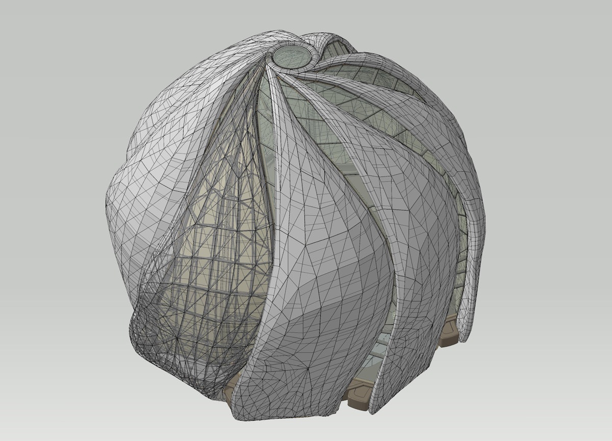 A computer-generated model of the Baha'i House of Worship, under construction in Santiago, Chile. The design "acknowledges blossom, fruit, vegetable and the human heart" wrote the Canadian art critic, Gary Michael Dault, "but rests somewhere between such readings, gathering them up and transforming them into an architectural scheme that is, simultaneously, both engagingly familiar and brilliantly original." Image © Hariri Pontarini Architects.