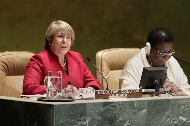 UN Women's executive director Michelle Bachelet delivers the introductory speech at the opening of the 56th Session of the Commission on the Status of Women, held in the General Assembly Hall at UN Headquarters in New York, 27 February 2012. Pictured right is Marjon Kamara, Chair of the Session. Photo Credit: UN Photo/Paulo Filgueiras.