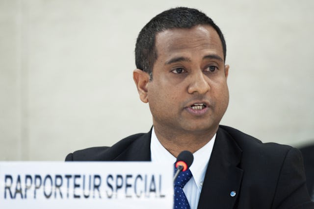 Ahmed Shaheed, the UN Special Rapporteur on the Situation of Human Rights in the Islamic Republic of Iran, briefs the Human Rights Council on Monday 12 March. A former foreign minister of the Maldives, Dr. Shaheed was appointed to his post last June after a period of some nine years during which no one had held that position. UN Photo/Jean-Marc Ferré.