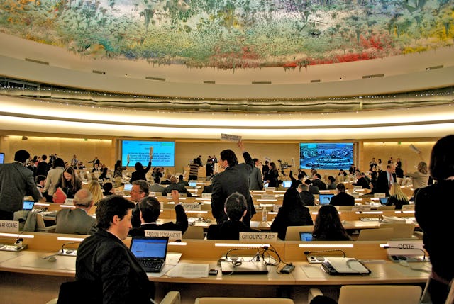 Country and NGO representatives at the UN Human Rights Council in Geneva, Switzerland, participating in an interactive dialog with the Special Rapporteur on the Situation of Human Rights in the Islamic Republic of Iran, 12 March 2012.