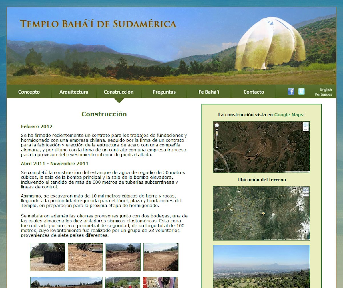 The website for the Baha'i Temple of South America, has been launched in Spanish, Portuguese and English at http://templo.bahai.cl. It aims to address the questions that the project is generating – about the temple's concept, design and construction, and the Baha'i teachings that have inspired it.