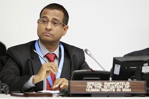 احمد شهید، گزارشگر ویژۀ سازمان ملل متّحد دربارۀ وضعیت حقوق بشر در جمهوری اسلامی ایران. دکتر شهید که پیشتر وزیر امور خارجۀ مالدیو بود، در خرداد ١٣٩۰ (ژوئن ٢۰١١) پس از یک دورۀ حدود ٩ ساله که طیّ آن کسی سمت گزارشگر ویژۀ حقوق بشر ایران را نداشت، به اين سمت گماشته شد. عکس سازمان ملل/ریک باخورناس