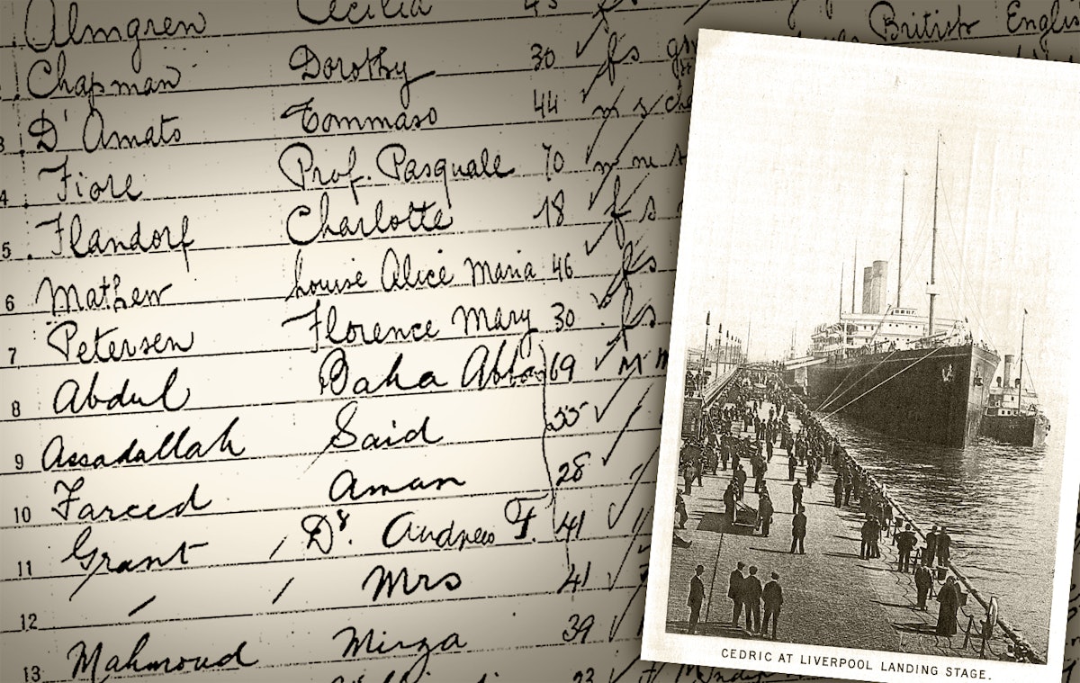 اسامی عبدالبهاء و تعدادی از همراهان او در فهرست مسافران ۱۰ فروردین ۱۲۹۱ (۳۰ مارس ۱۹۱۲) کشتی سدریک به مقصد ایالات متّحده از ناپل.