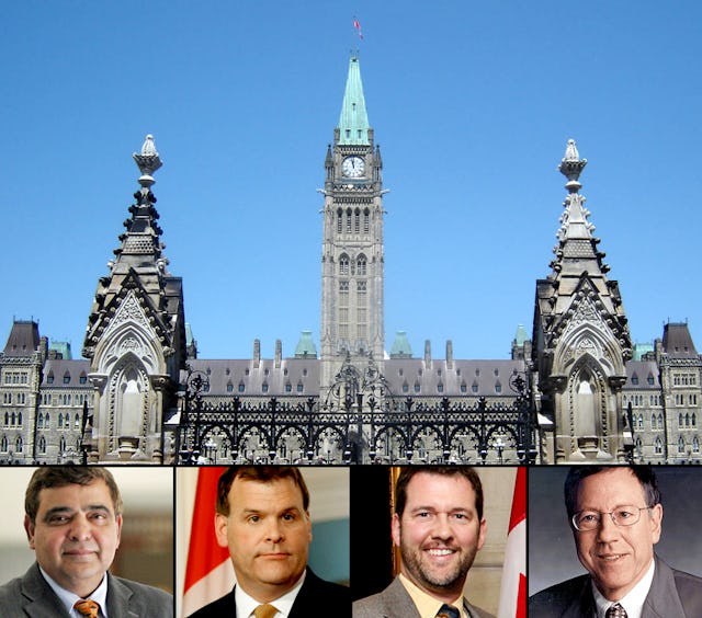 Canada's House of Commons debate on Iran’s human rights violations coincided with the fourth anniversary of the arrest of six of the seven imprisoned Baha’i leaders. Foreign Affairs Minister John Baird issued a statement marking the anniversary. Pictured (left to right): Deepak Obhrai, Parliamentary Secretary to the Minister of Foreign Affairs; John Baird, Minister of Foreign Affairs; Scott Reid; and Irwin Cotler.