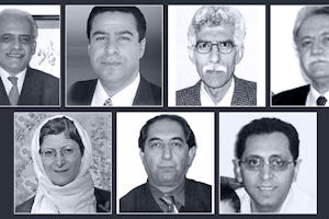 هفت مدرّس بهائی که اکنون در حال گذراندن احکام زندان خود هستند (ردیف بالا، از چپ به راست): محمود بادوام، رامین زیبایی، ریاض سبحانی، فرهاد صدقی؛ (ردیف پایین، از چپ به راست) نوشین خادم، کامران مرتضایی و کامران رحیمیان.