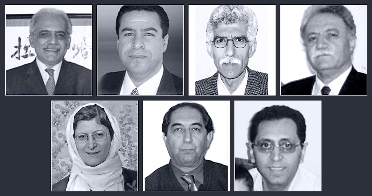 Seven Baha'i educators currently serving prison terms are (top row, left to right): Mahmoud Badavam, Ramin Zibaie, Riaz Sobhani, Farhad Sedghi; (bottom row, left to right) Noushin Khadem, Kamran Mortezaie, and Kamran Rahimian.