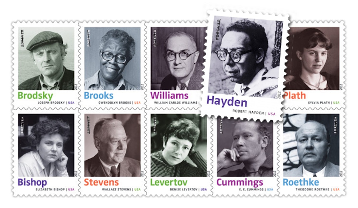 Robert Hayden, poet and Baha'i (top row, second from right), is included in a new series of U.S. Postal Service postage stamps depicting America's most important 20th century poets.