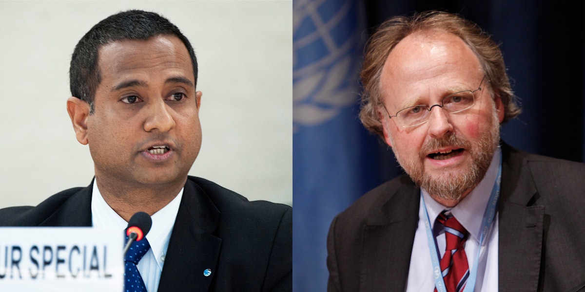 Pictured, from left: Ahmed Shaheed, UN Special Rapporteur on the Situation of Human Rights in the Islamic Republic of Iran, and Heiner Bielefeldt, UN Special Rapporteur on Freedom of Religion or Belief. UN Photos/Jean-Marc Ferre and Paulo Filgueiras.