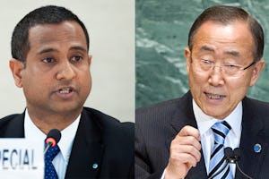 Ahmed Shaheed (left), the UN special rapporteur on human rights in Iran, and Secretary-General Ban Ki-moon (right). UN Photos/Jean-Marc Ferre and Marco Castro.