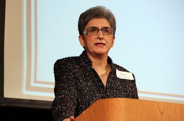 Professor Hoda Mahmoudi, the third incumbent of the University of Maryland's Baha'i Chair for World Peace, speaking at her inaugural lecture, 16 November 2012.